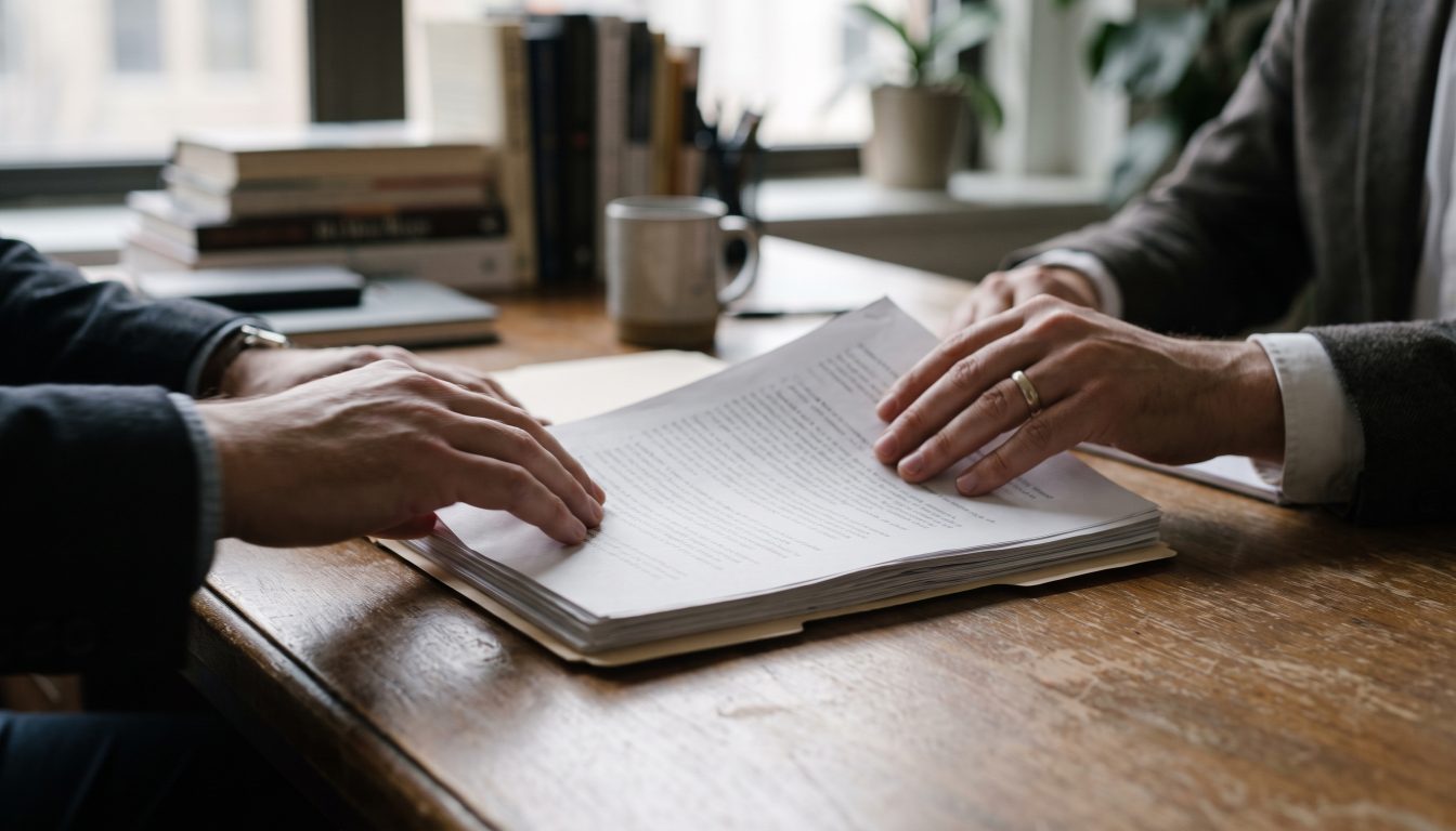 Broker of record and salesperson reviewing a client representation agreement at an Ontario brokerage office