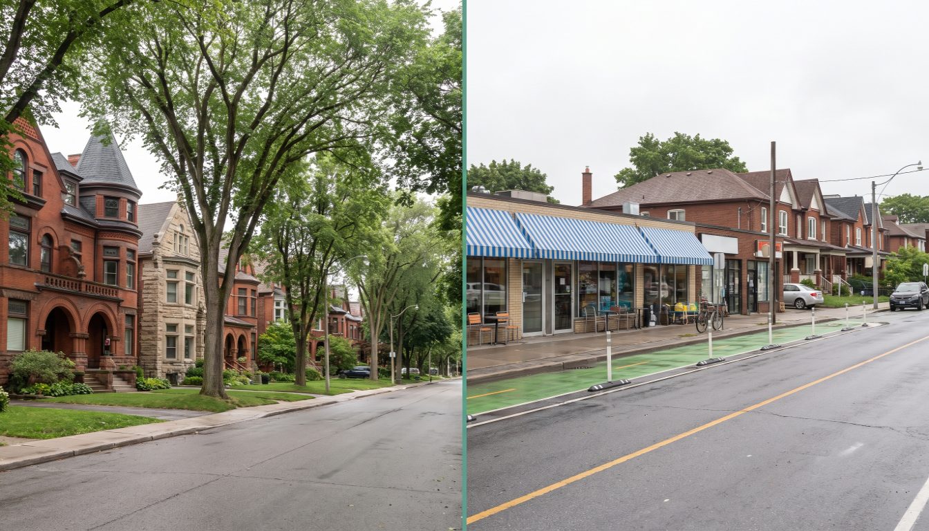 A brick Annex style house in Toronto beside the semi-detached houses and shopfronts of Greektown on Danforth Avenue