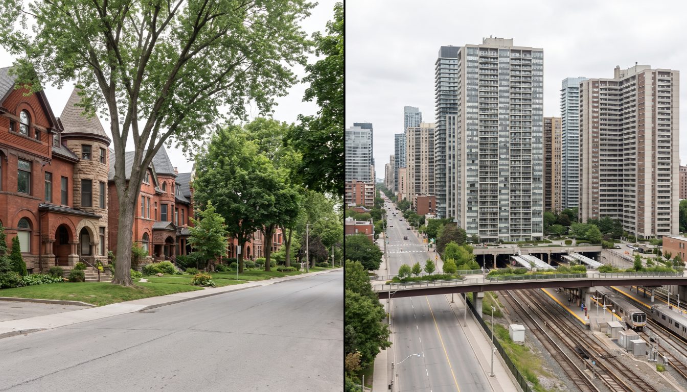 A red brick Annex style Victorian house on a Toronto side street beside the Yonge Street condo towers of Davisville Village