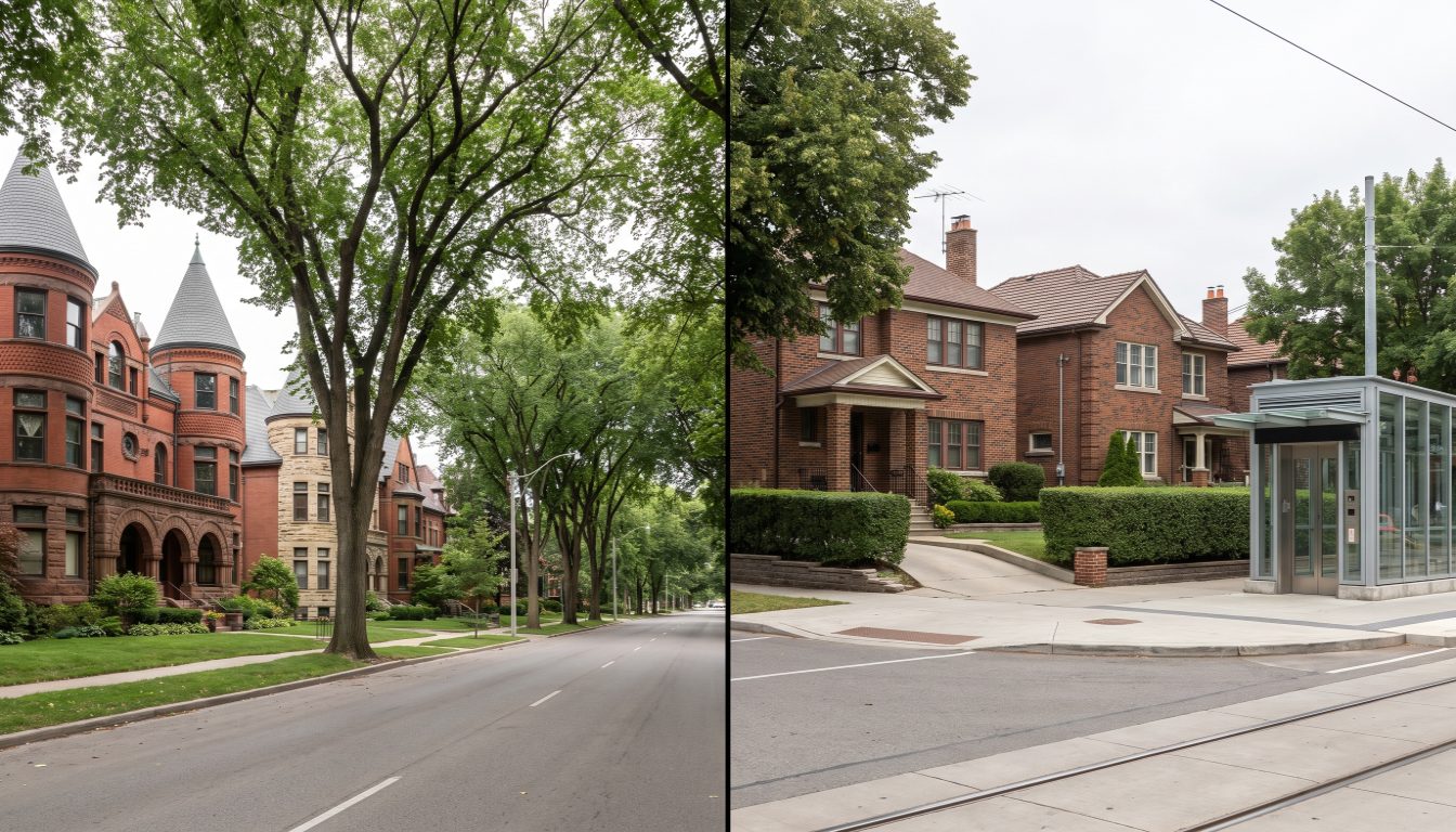 A turreted Annex style house in Toronto beside the low-rise brick streets of Leaside near Bayview and Eglinton