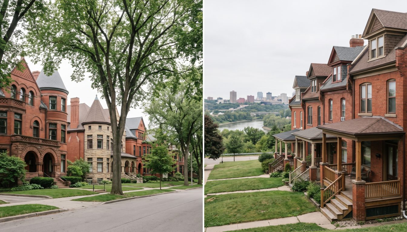 A turreted Annex style house in Toronto beside a row of bay-and-gable Victorian semi-detached houses in Riverdale