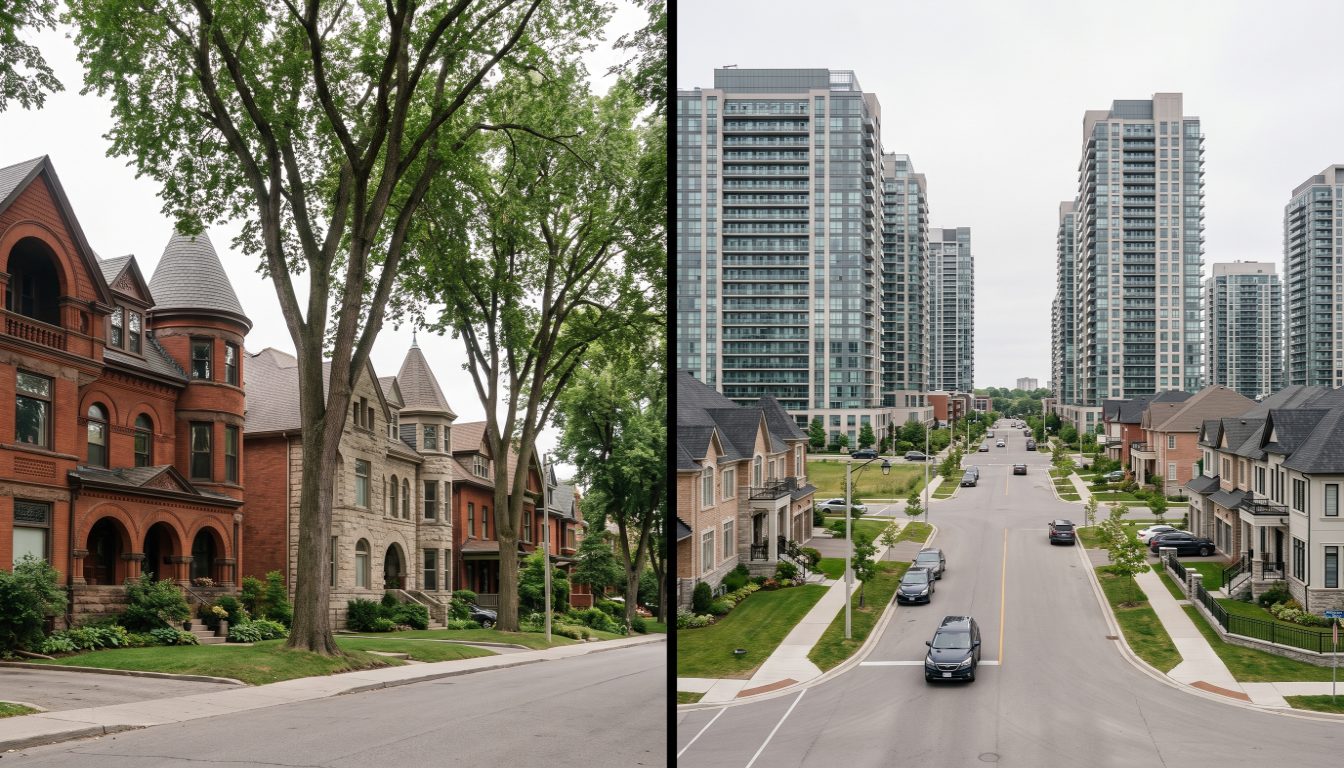 An 1887 Annex style brick house in Toronto beside the glass condo towers along Yonge Street in Willowdale