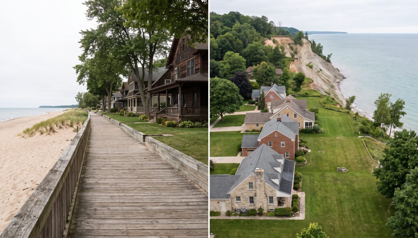 The boardwalk and sand at Kew Beach in The Beaches beside a 1920s brick detached house on a Birch Cliff street