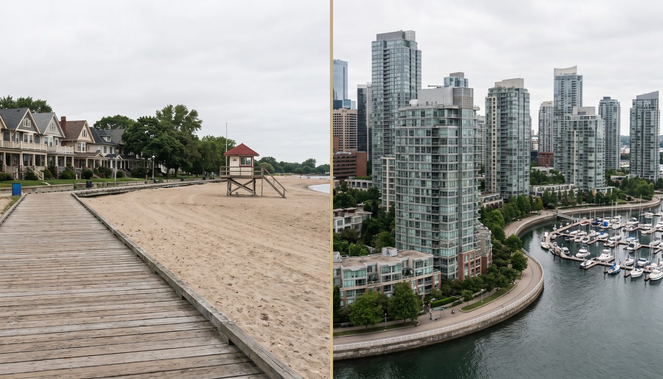 Brick semi-detached houses on a Beaches side street beside the condo towers on Marine Parade Drive in Humber Bay Shores