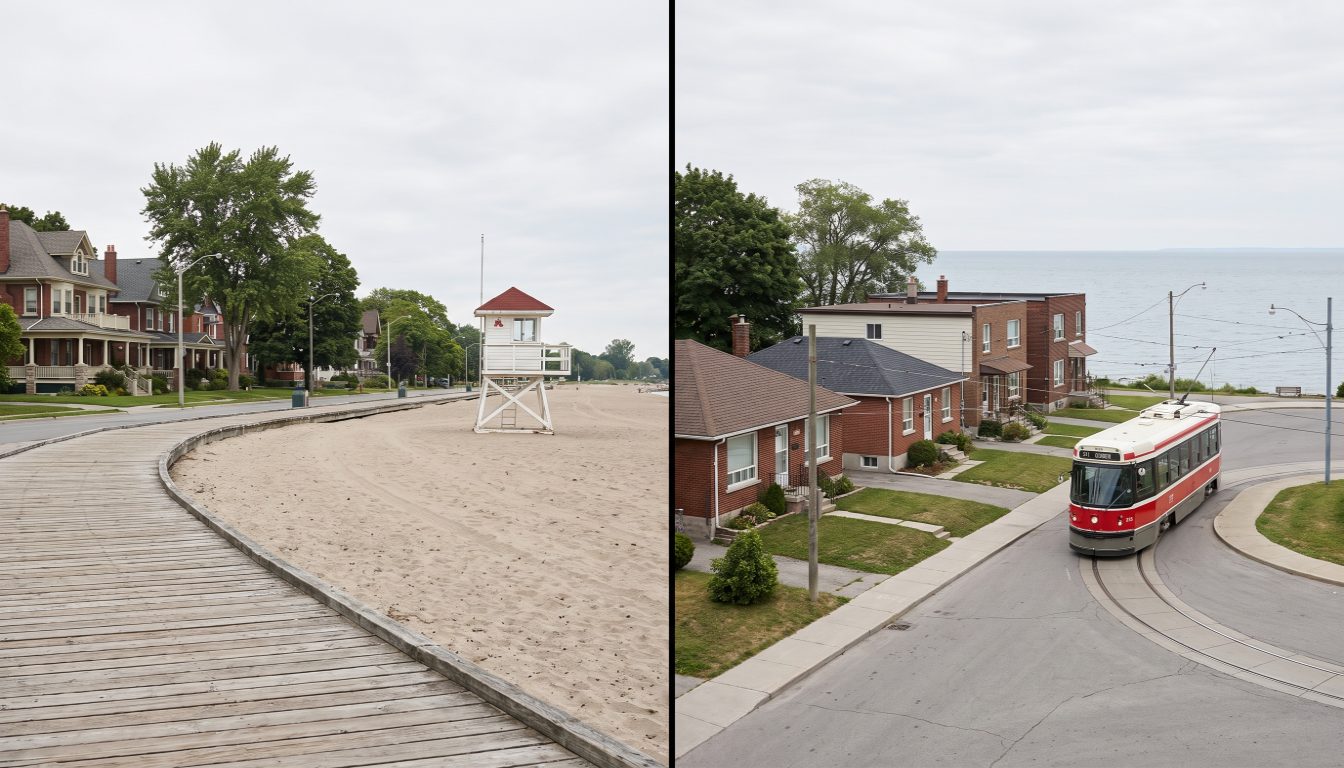 The 501 streetcar on Queen Street East in The Beaches and the low-rise Lake Shore Boulevard shops in Long Branch