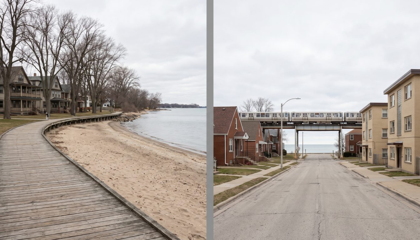 Swimmers on the sand at Woodbine Beach in The Beaches and the cantilevered boardwalk at Mimico Waterfront Park