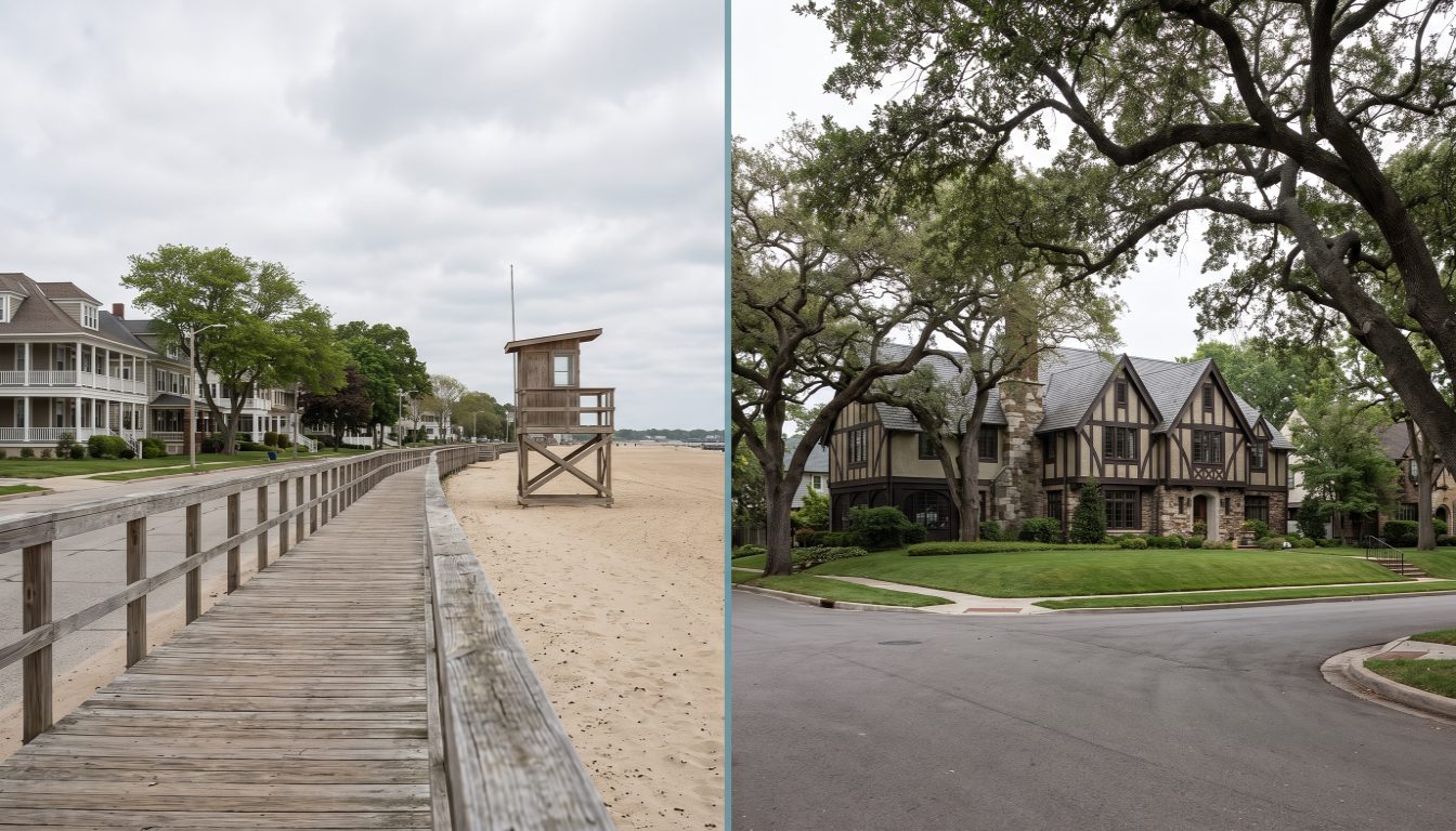 Sand and boardwalk at Balmy Beach in The Beaches beside a stone Arts and Crafts house on a Kingsway street
