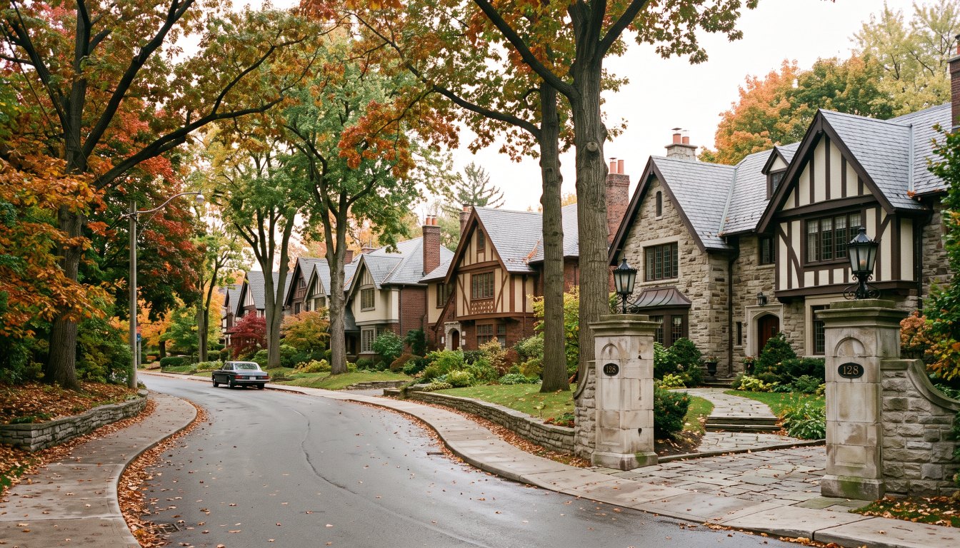 Arts and Crafts and Tudor revival houses on a wide curving street in west Toronto