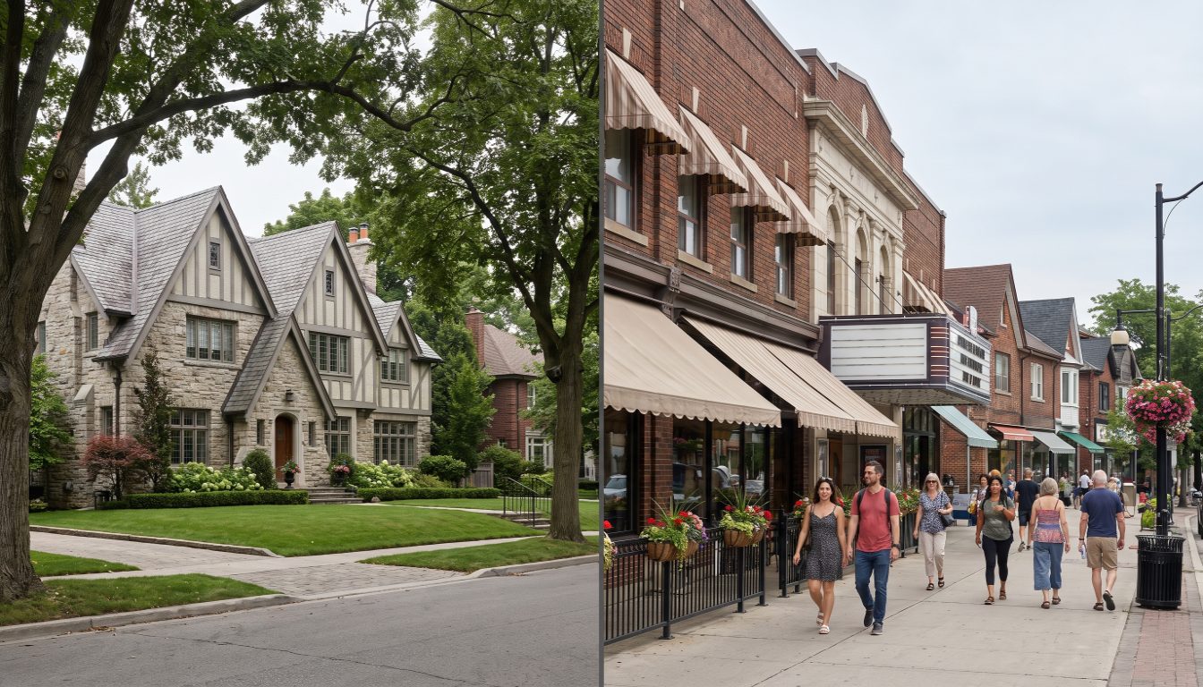Shopfronts and street planters on the Kingsway BIA strip beside the Bloor West Village retail strip in Toronto