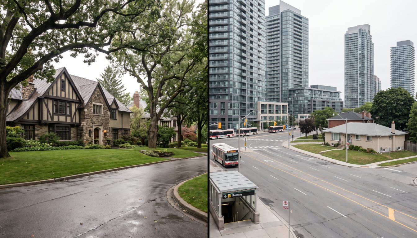 Detached houses on a tree-lined Kingsway street beside condo towers in Islington-City Centre West, Toronto