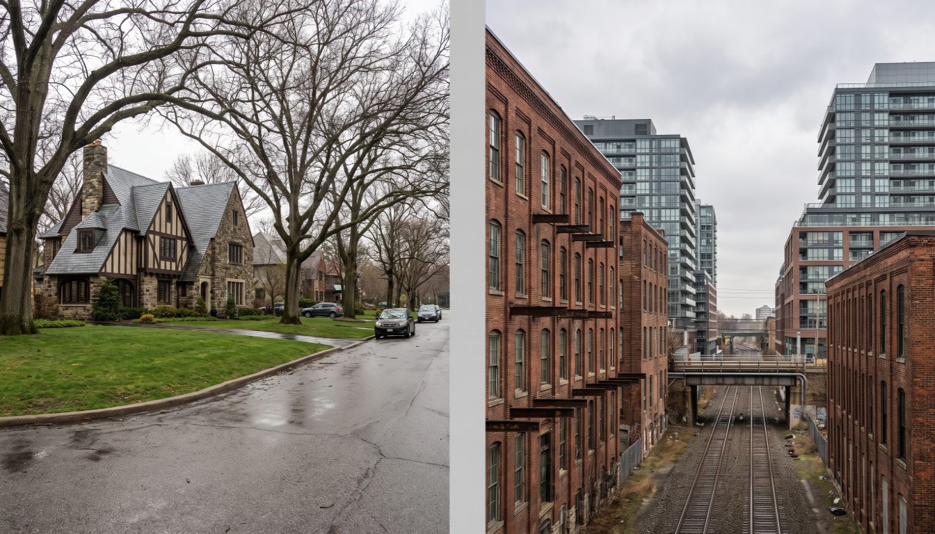 Detached sandstone houses in The Kingsway contrasted with condo towers and loft conversions in Liberty Village, Toronto