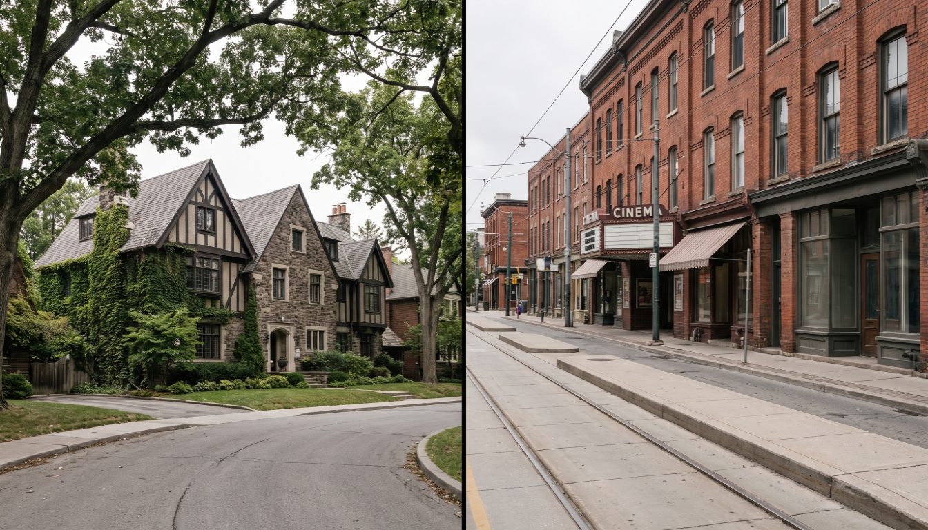 Detached Kingsway houses with garages compared with the Roncesvalles Avenue streetcar strip and converted houses in Toronto