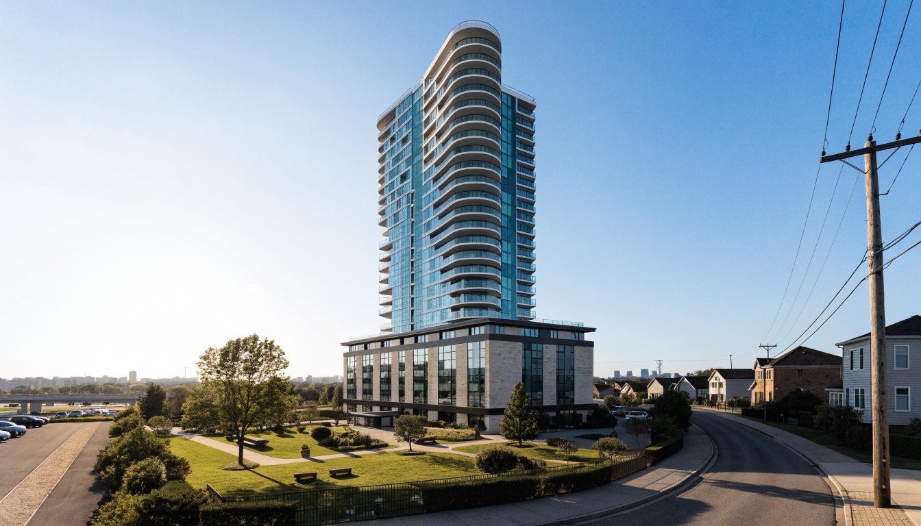 Tall white and glass sculptural residential tower on a three-storey podium with a landscaped courtyard