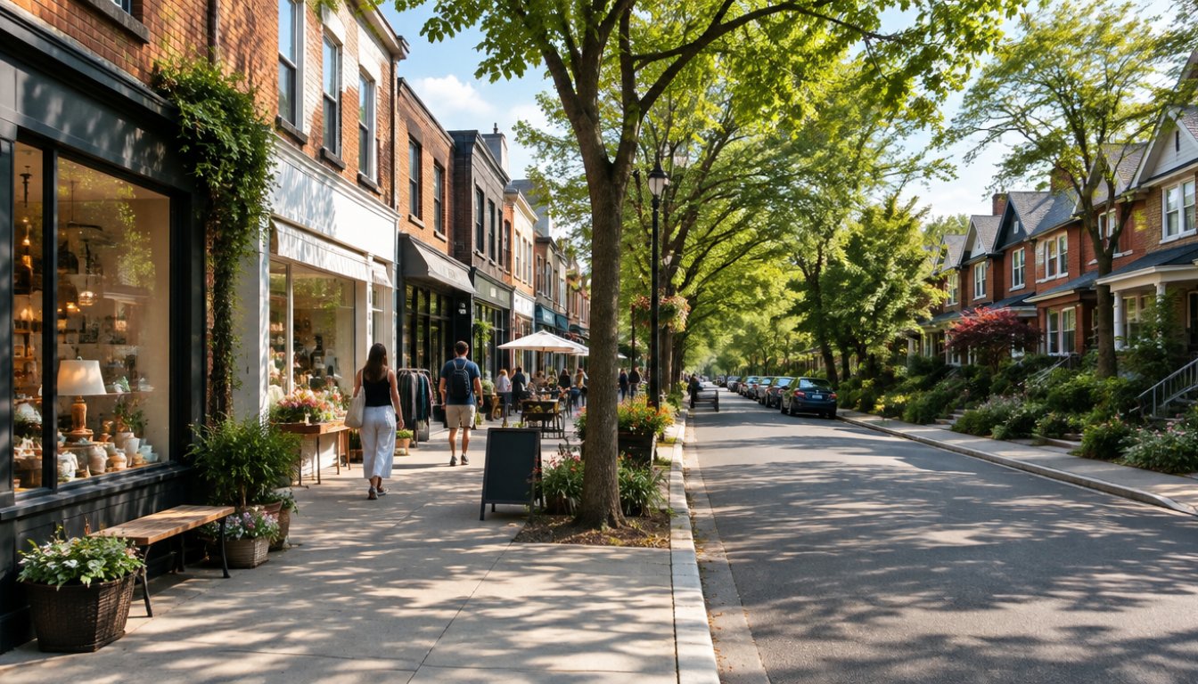 Bloor west village shopping street in toronto with independent storefronts and a tree-lined side street of brick semi-detached houses (illustrative)