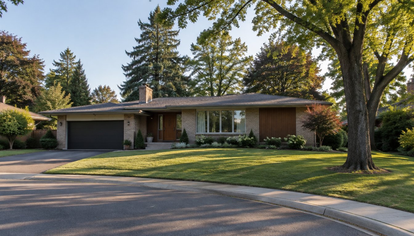 A mid-century modern bungalow on a curving cul-de-sac in don mills toronto with tall trees and a wide lawn (illustrative)