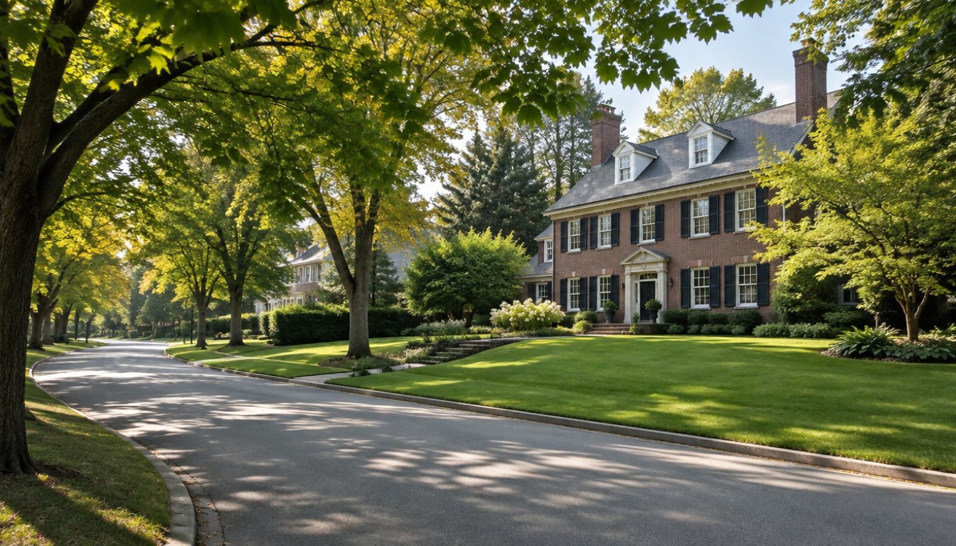 A curving residential street in lawrence park toronto with mature maple trees and a large brick georgian home set back on a deep lawn (illustrative)