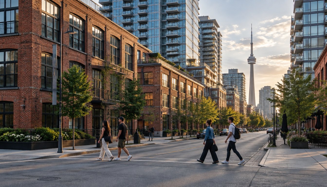 Converted brick loft buildings and glass condo towers in liberty village toronto (illustrative)