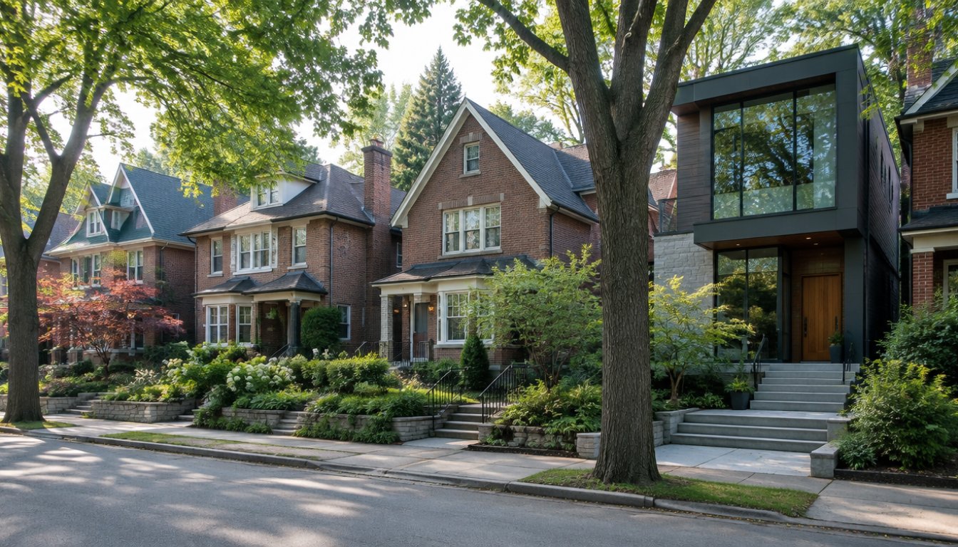 A quiet leaside toronto street with brick 1930s houses and a modern rebuild (illustrative)