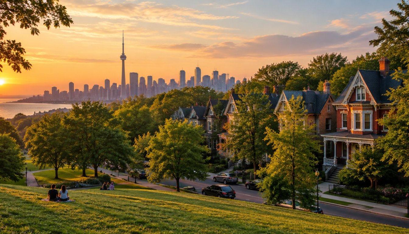 Riverdale park east in toronto with the downtown skyline in the distance and grand victorian houses along a tree-lined street (illustrative)