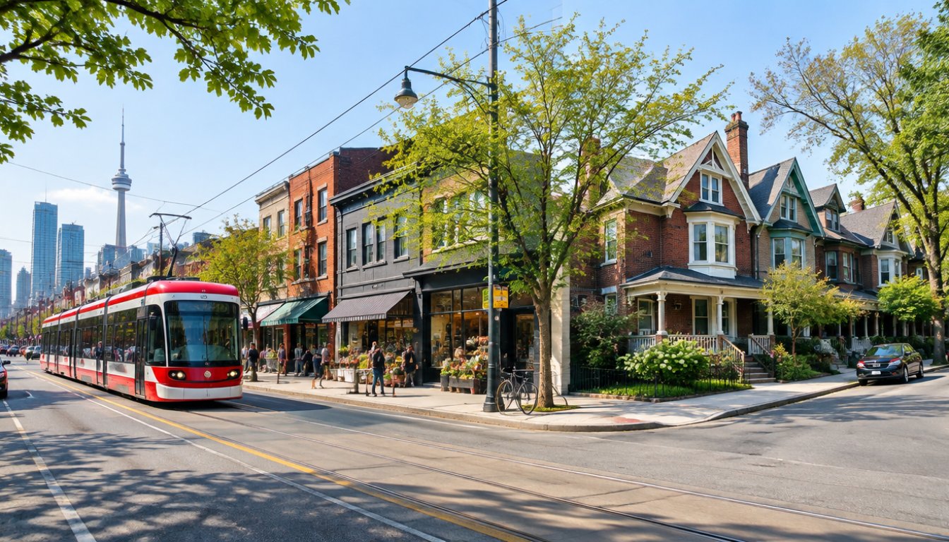 Roncesvalles avenue in toronto with independent shops (illustrative)