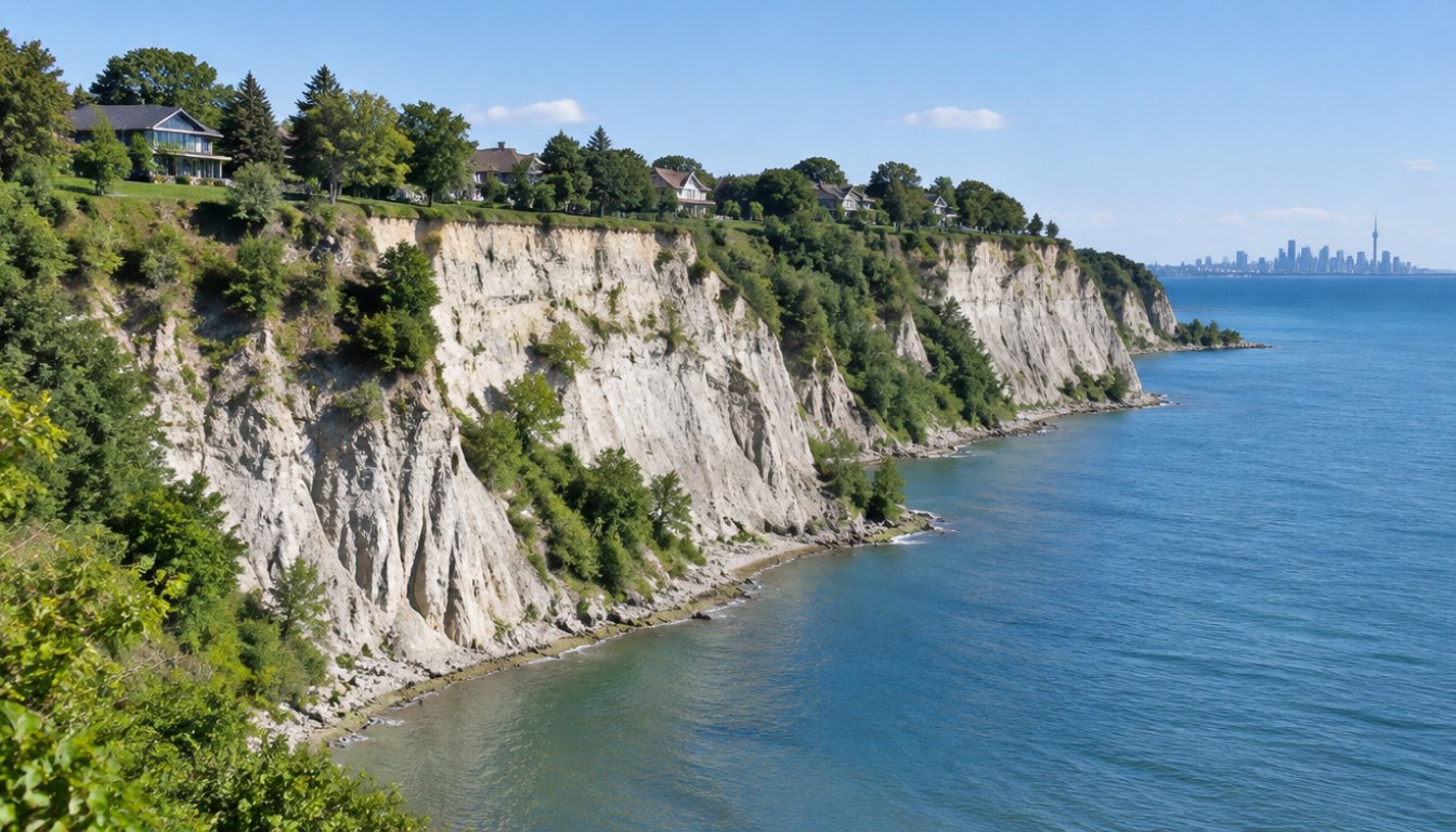 The scarborough bluffs in toronto with white cliffs above lake ontario (illustrative)