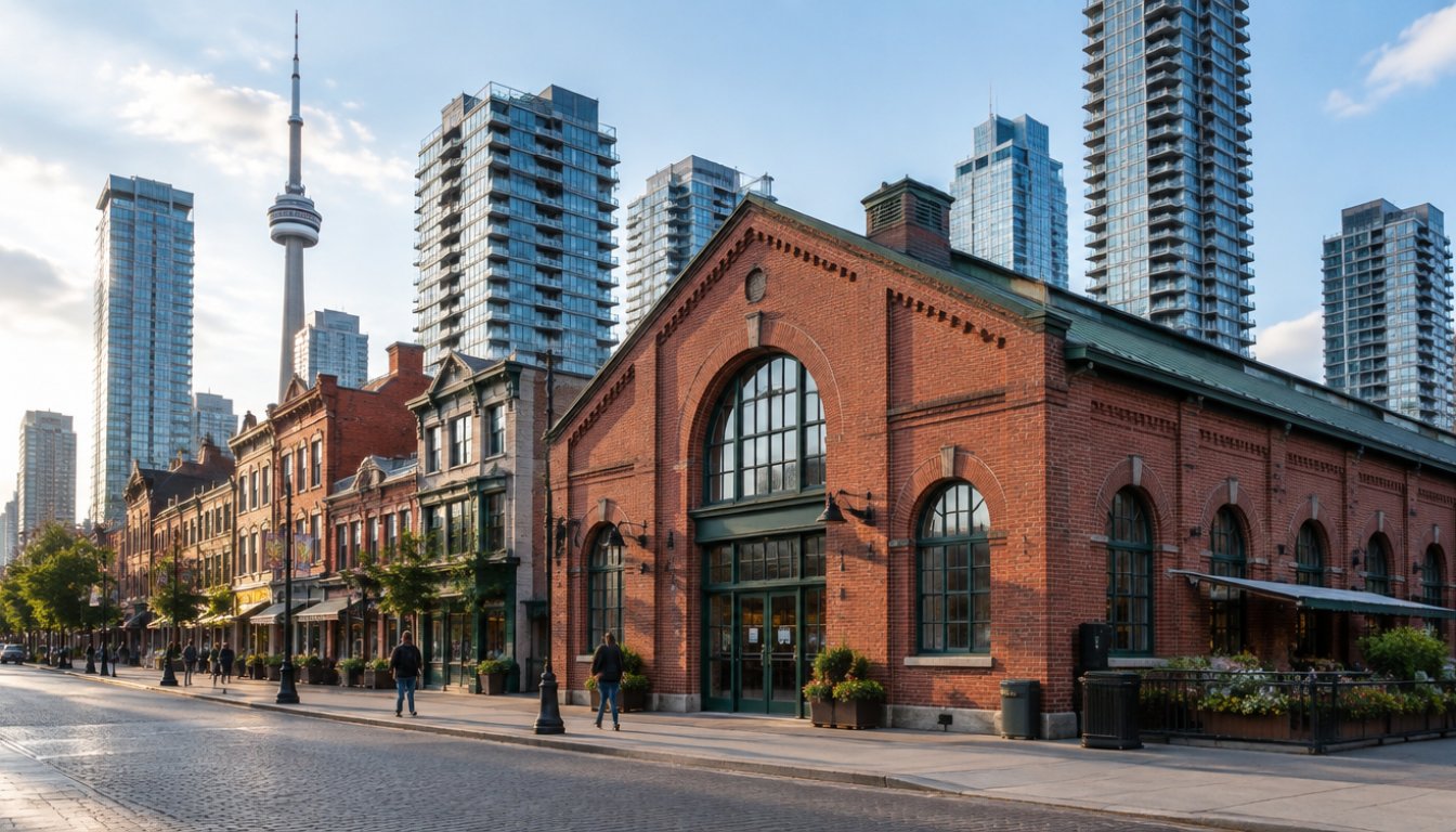 The st. lawrence market building and front street heritage facades in toronto with modern condo towers behind (illustrative)