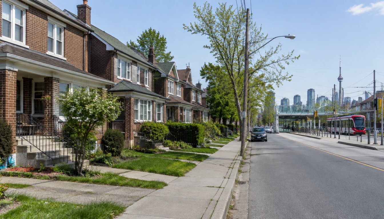 A residential street of modest brick semi-detached houses in oakwood village toronto with a light rail station entrance on eglinton in the distance (illustrative)