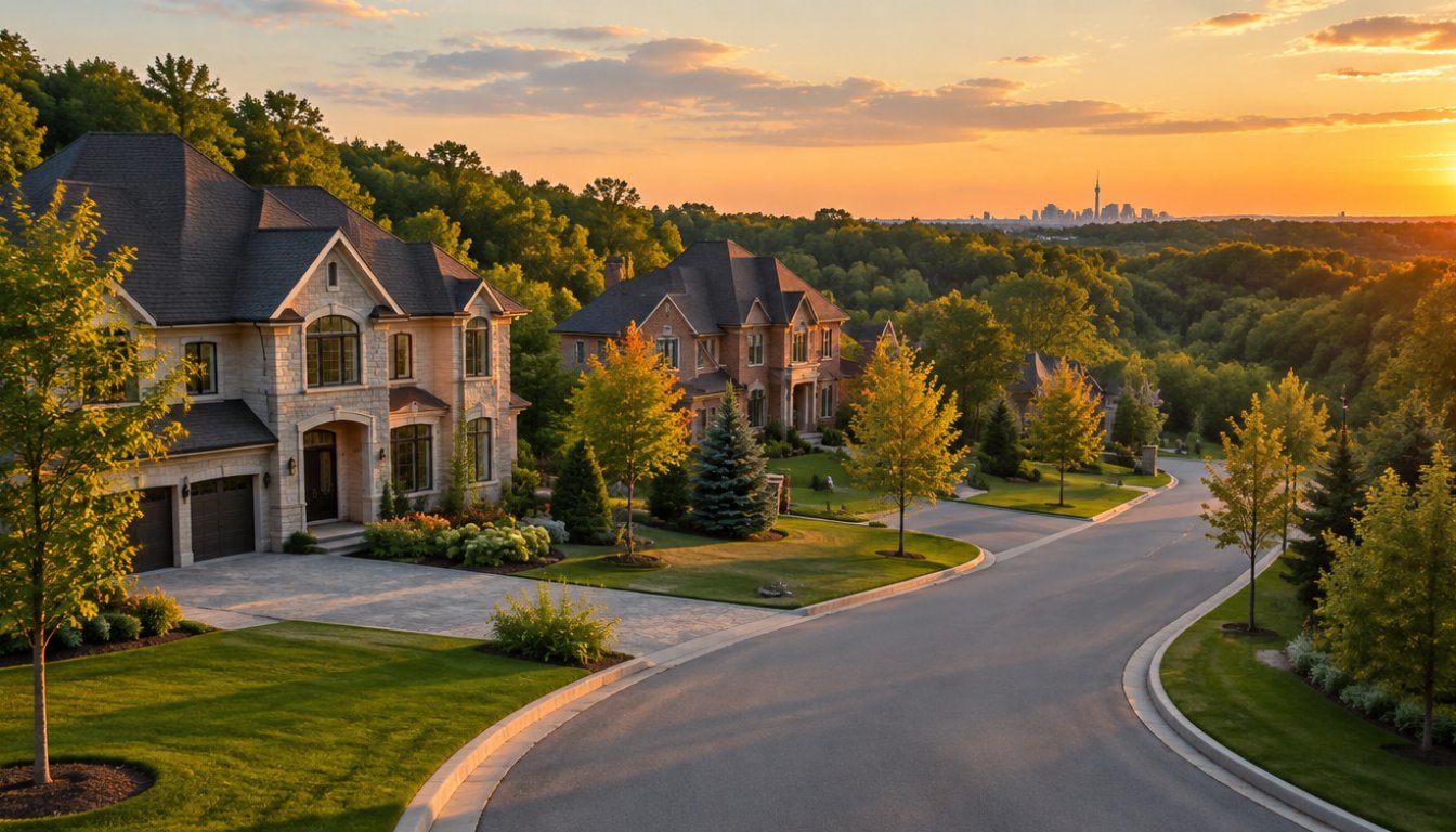 A curving bayview village toronto street with large detached homes on wide lots and a ravine treeline behind (illustrative)