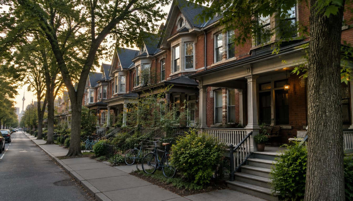 A narrow street of edwardian row houses with front porches in the dovercourt area of toronto (illustrative)