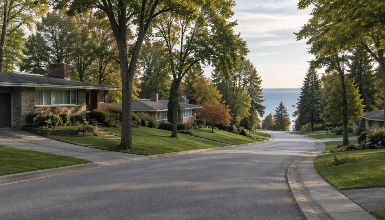 A curving guildwood scarborough street with mid-century houses on wide lots and the lake glimpsed through trees at the end (illustrative)