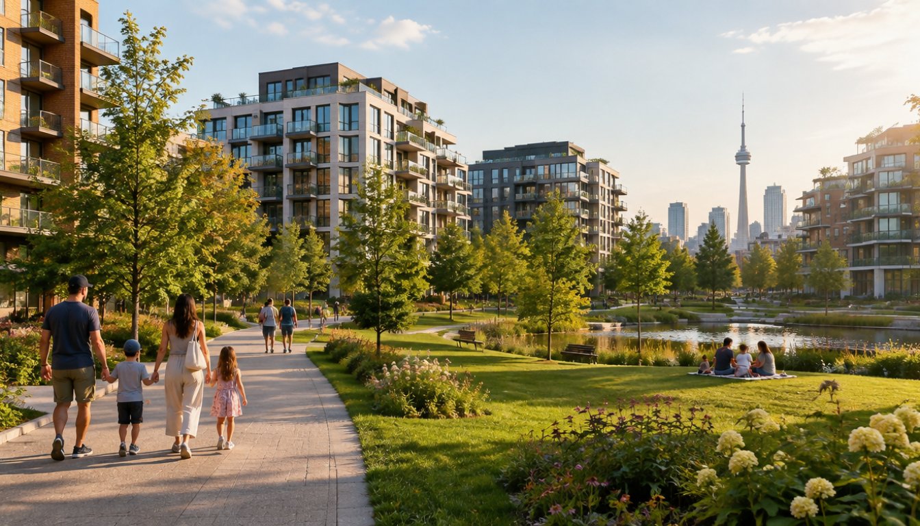 New mid-rise condo buildings around a central park in regent park toronto (illustrative)