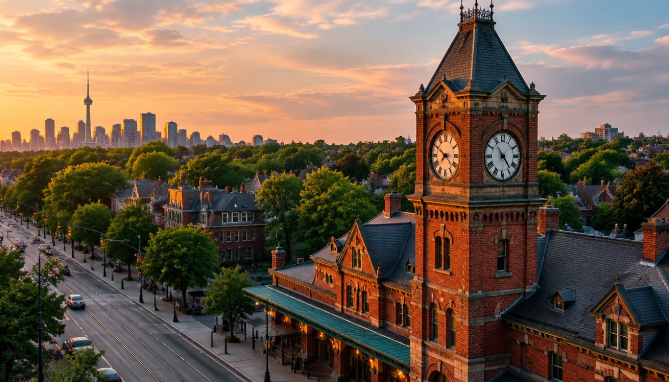 The historic north toronto railway station clock tower at yonge and summerhill in toronto with leafy residential streets behind (illustrative)