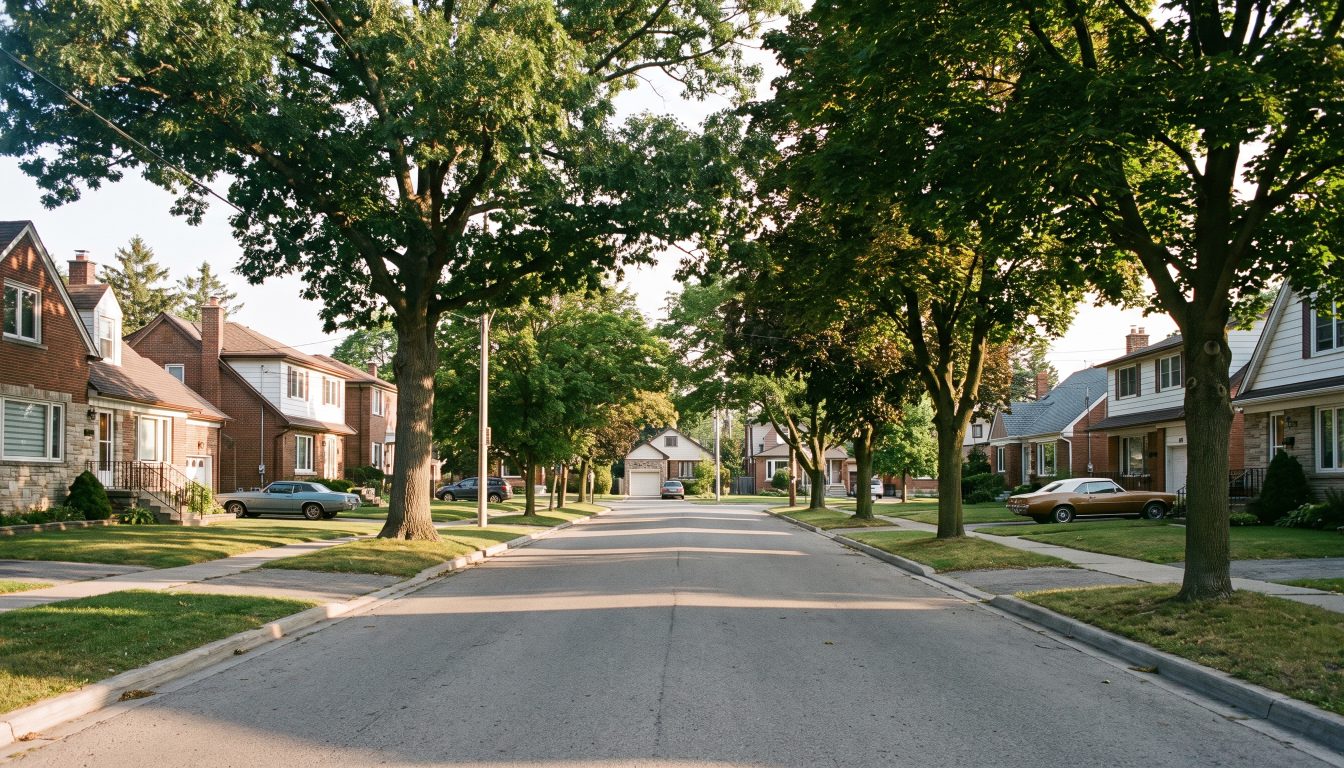 Residential street of detached homes in Etobicoke on a clear late-summer morning