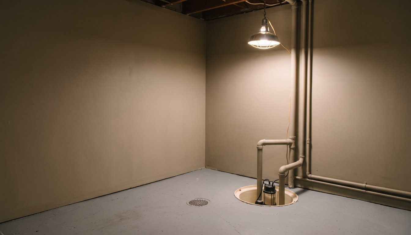 A dry Toronto basement with a sump pump and floor drain