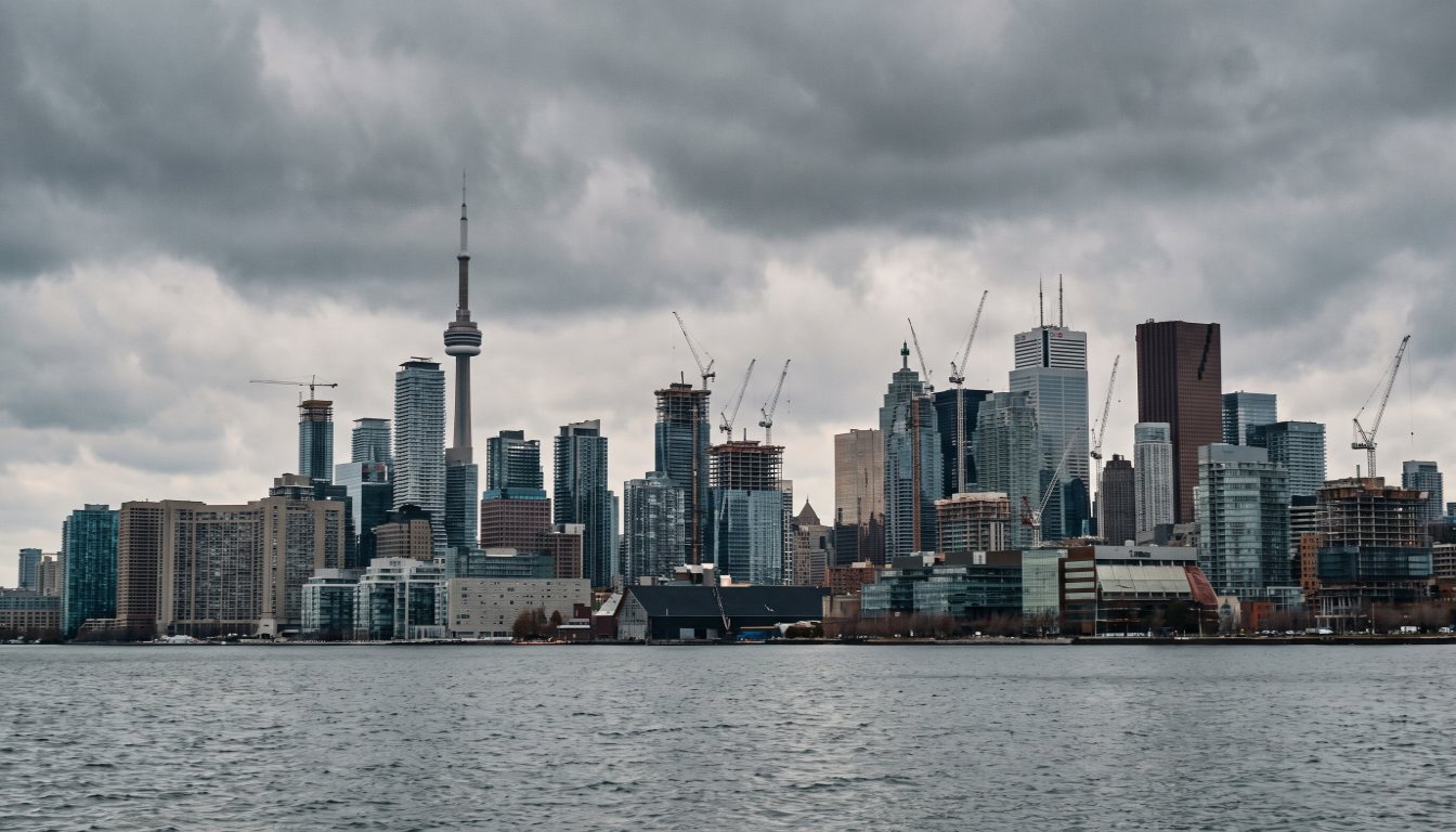 Downtown Toronto condo towers and cranes under an overcast sky