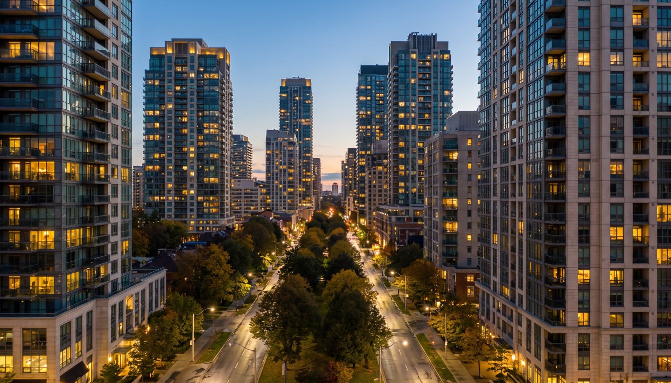 Luxury condominium towers in Yorkville Toronto at dusk with warm interior lights