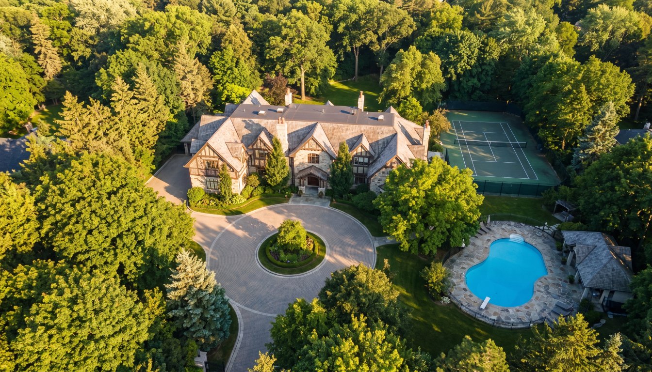 Aerial view of a large estate house on a wooded multi acre Toronto lot with pool and tennis court