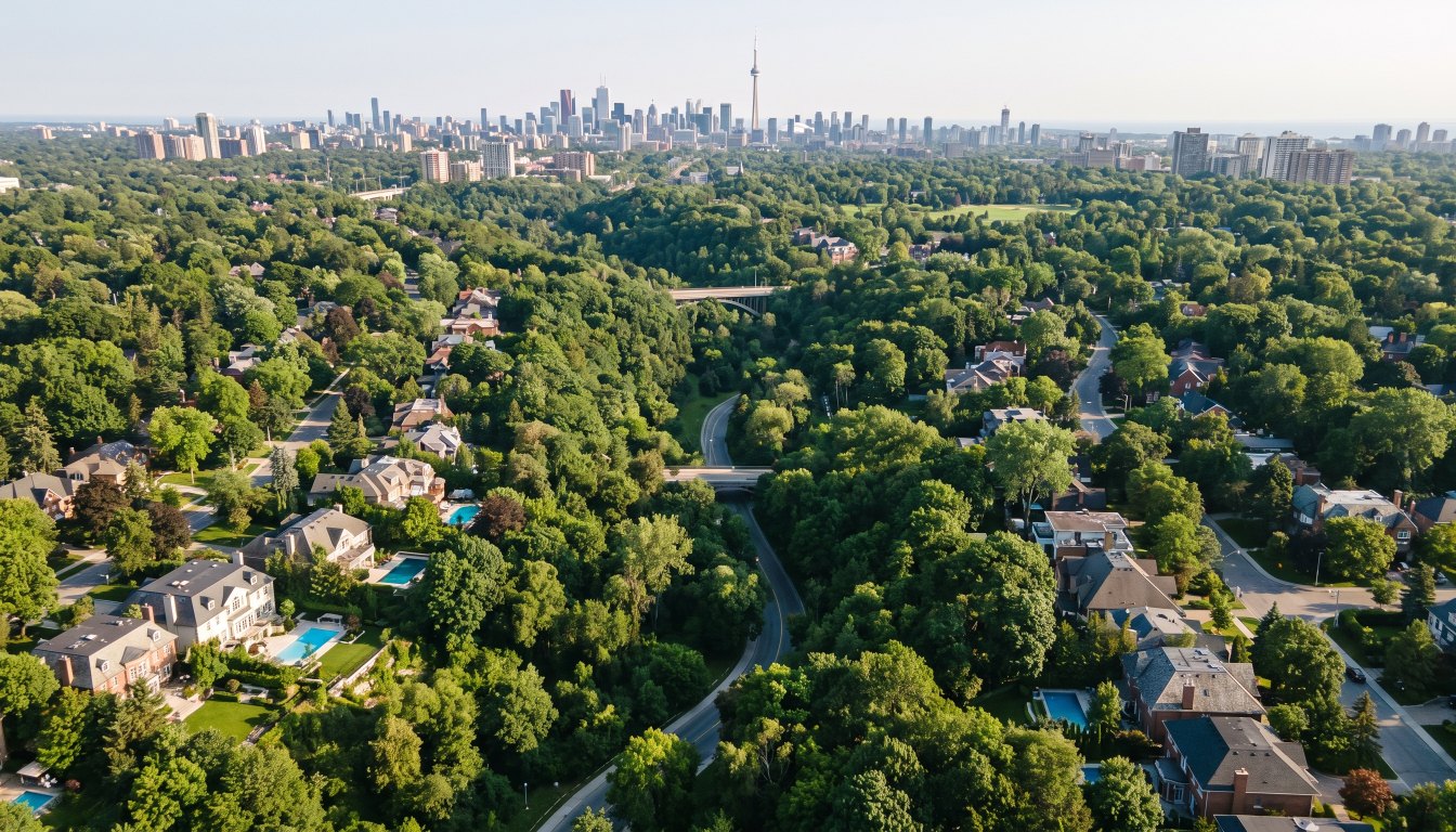 Aerial view of several affluent Toronto neighbourhoods separated by ravines and parkland