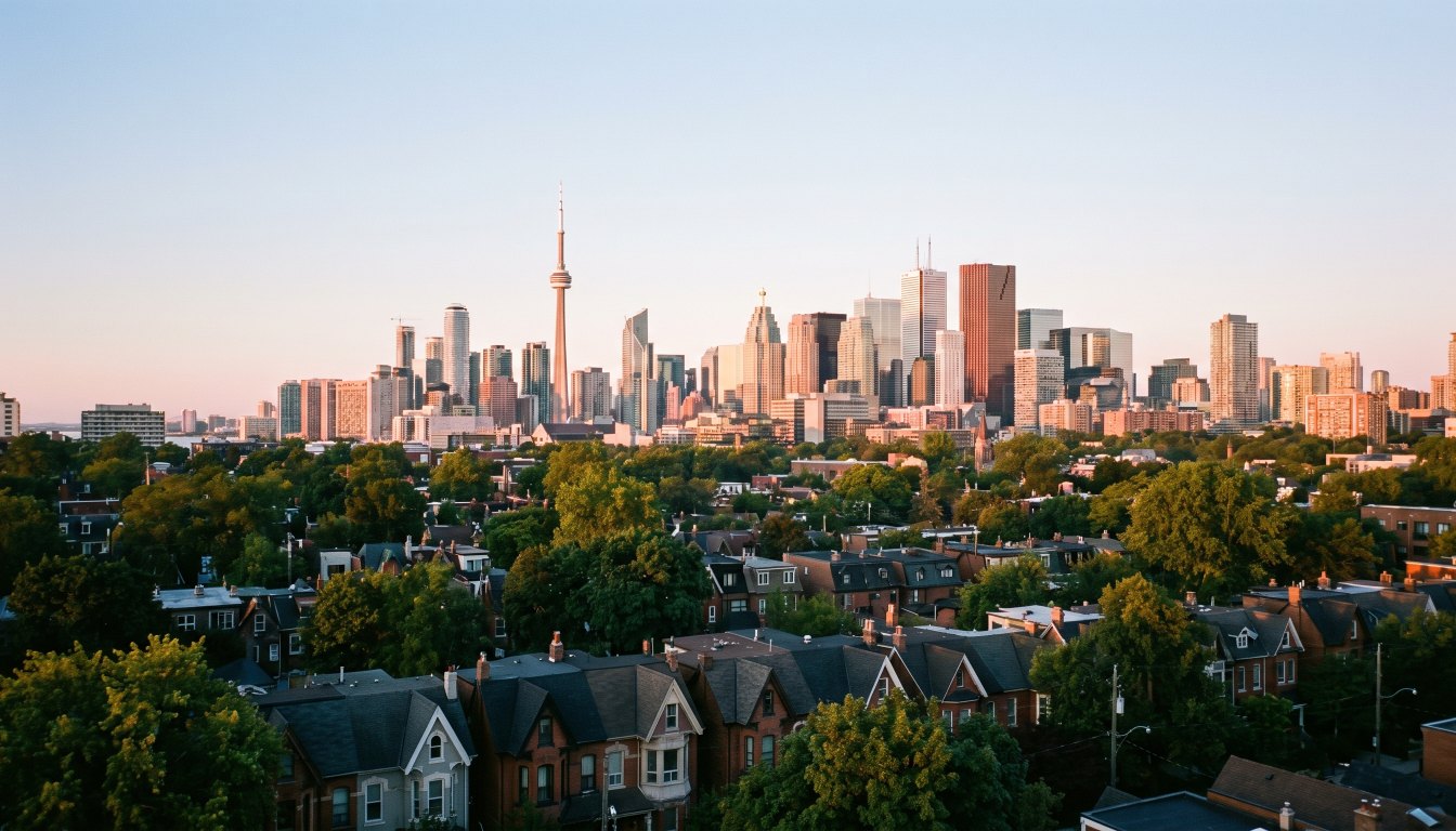 The Toronto skyline at sunrise seen across a residential neighbourhood with mature trees