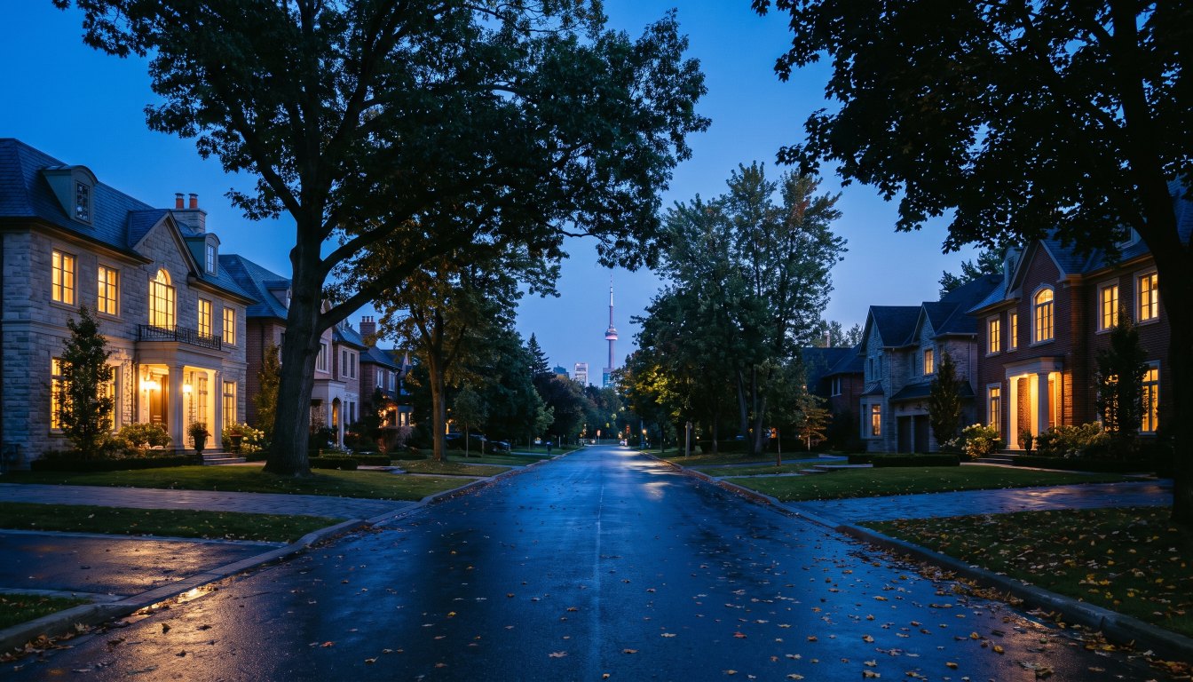 A tree-lined street of large Toronto luxury homes at blue hour with the downtown skyline behind