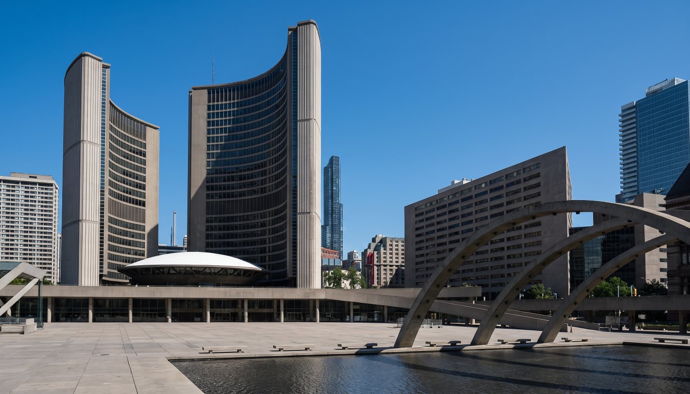 Toronto City Hall exterior with its curved towers on a clear day