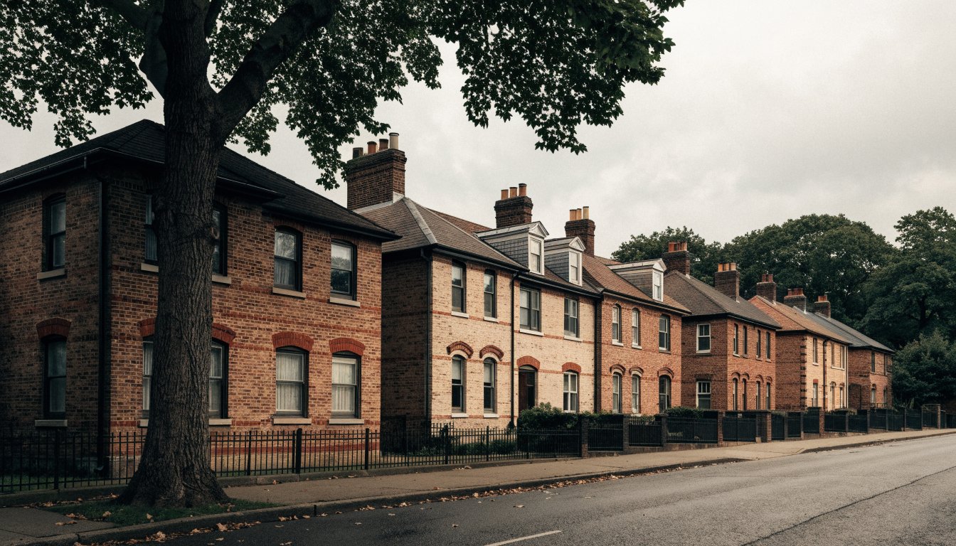 A row of older semi-detached brick houses on a Toronto street, illustrating multi-tenant house licensing.