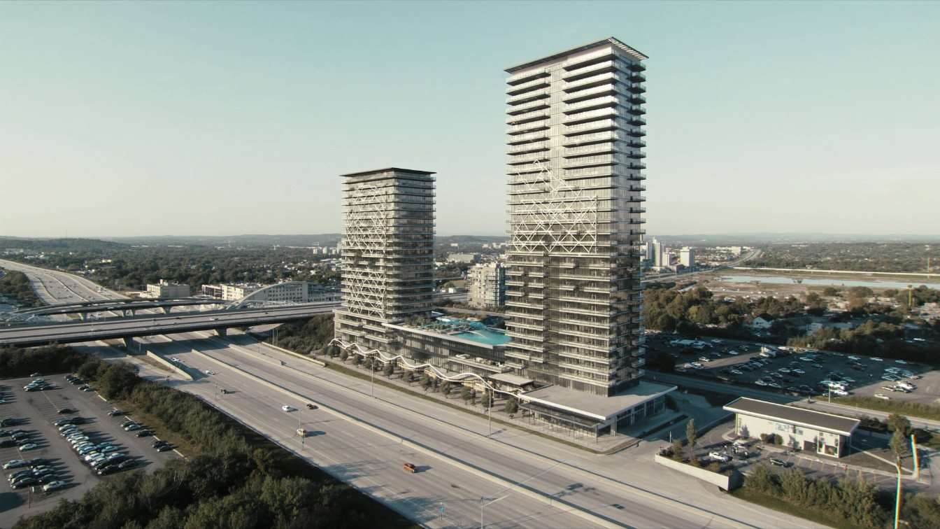Two tall glass condominium towers of different heights with rooftop terraces near a subway station in a new downtown (illustrative)