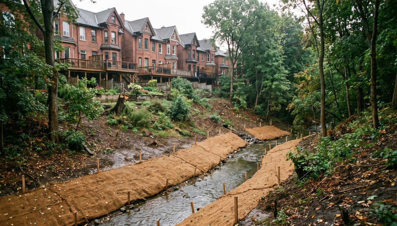 A wooded ravine slope behind Toronto houses with a creek and erosion control matting