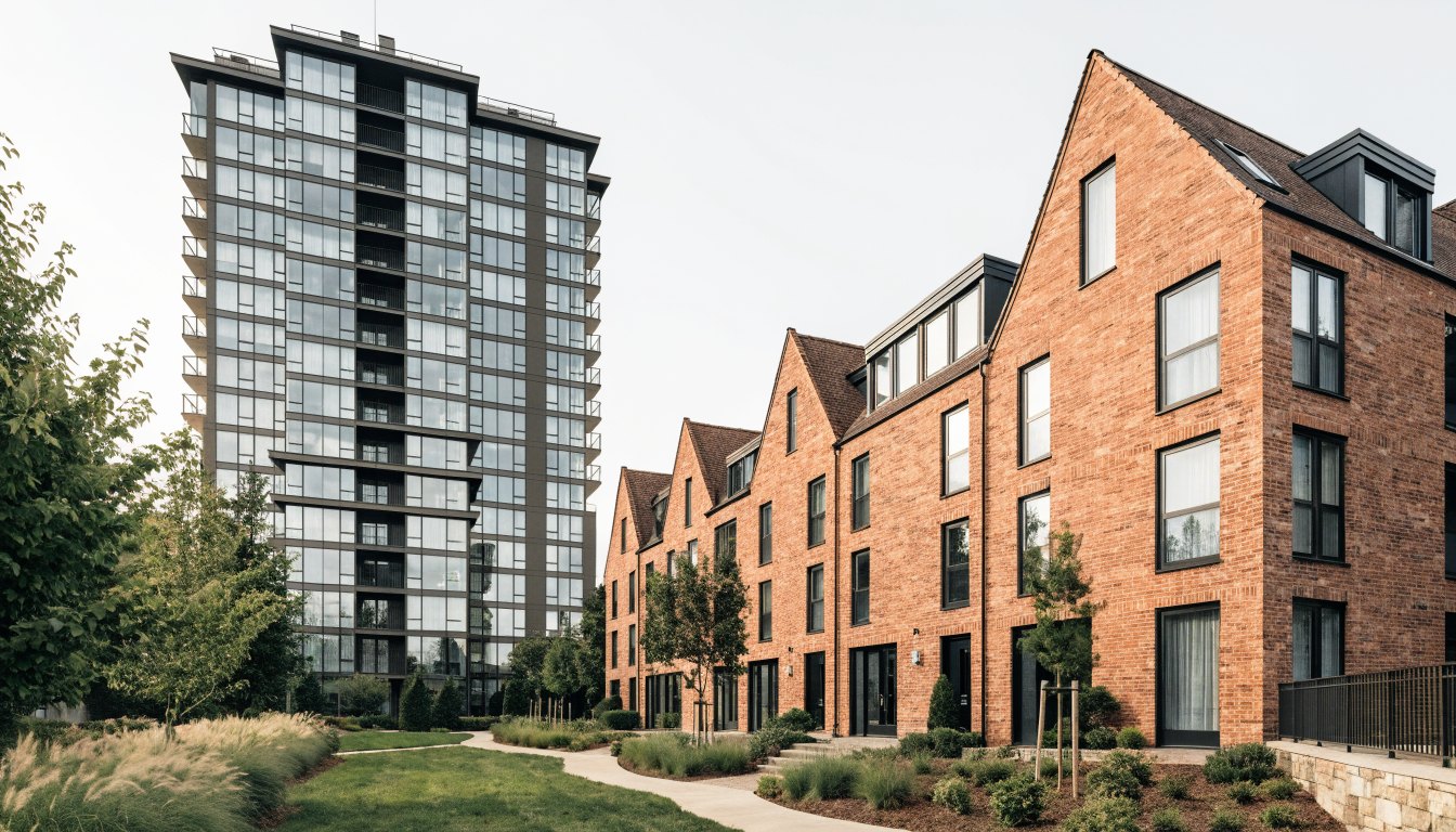 Glass condominium tower and adjoining townhomes within a single landscaped community