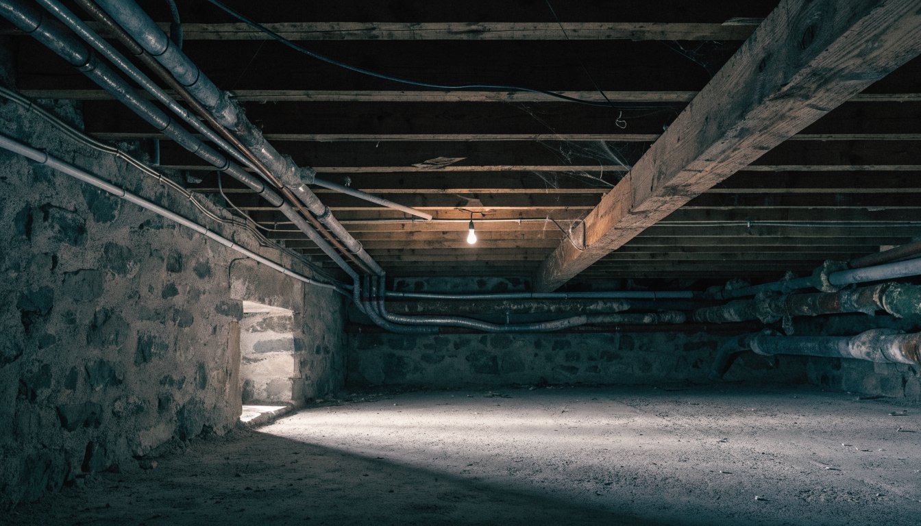 A bare basement floor and foundation wall in an older house, illustrating an underground fuel oil tank search.