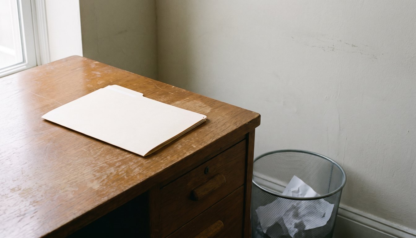 An empty office desk with a closed folder and a discarded sheet of paper in a wastebasket