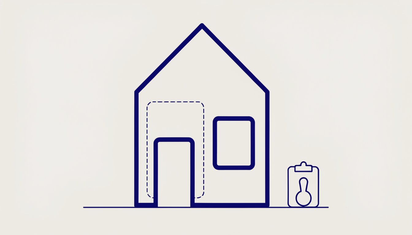 Flat vector illustration of a house in cross-section with one interior wall drawn as a dashed outline and a clipboard with a stamp beside it