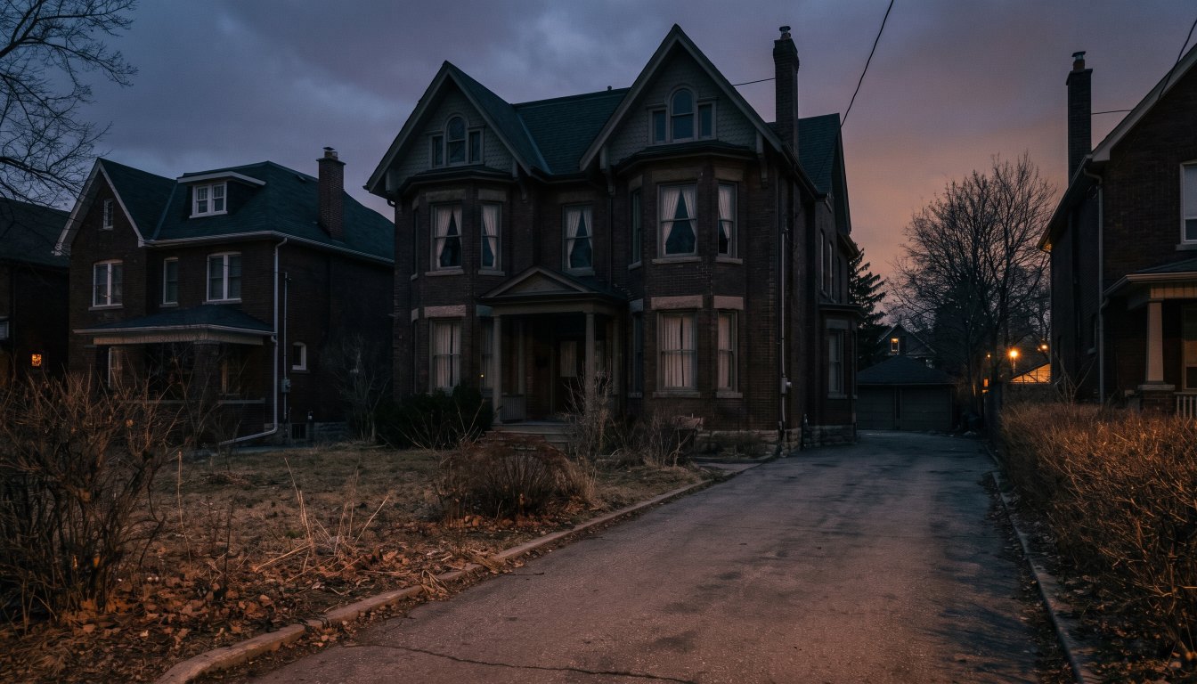 A large empty Toronto house at dusk with no lights on inside and an empty driveway