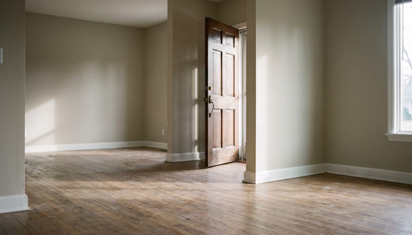 Moving boxes stacked in an empty Ontario rental unit with a set of keys and a served notice form lying on the kitchen counter